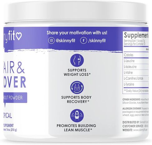 SkinnyFit Repair & Recover 30 حصة: مسحوق BCAA للنساء، أحماض أمينية متفرعة السلسلة، مكمل ما قبل التمرين بعد التمرين لدعم القدرة على التحمل، يساعد في تعافي العضلات، نكهة استوائية in Kuwait