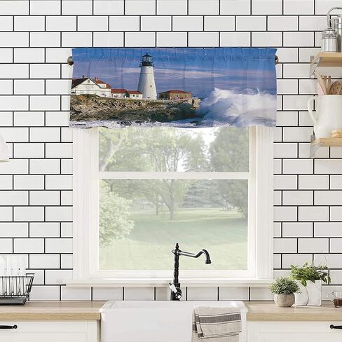 Zadaling Valance Curtain for Kitchen, Lighthouse Ocean Waves Seascape Window Valance for Living Room Scroll,Rod Pocket Valances for Bedroom Decor,Window Treatment Valance 1 Panel 18" x 54" in Saudi Arabia