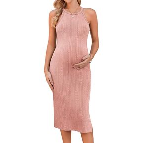 Ekouaer فستان حمل ضلع متماسكة شق جانبي قابل للتمدد Bodycon فساتين الحمل رسن الرقبة بلا أكمام ملابس الحوامل in Kuwait