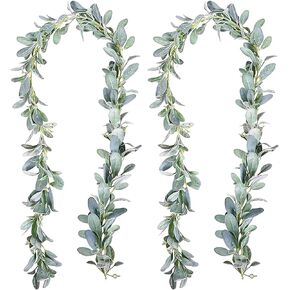 2 Pack Artificial Lambs Ear Greenery Garland Flocked Green Leaves Vines Garland Faux Lambs Ear Vine for Home Farmhouse Wedding Party Mantle Decor