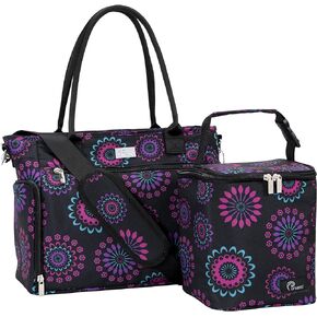 Pursetti Breast Pump Bag w/Cooler & 15" Laptop Sleeve as a Work Tote -Fits Common Breast Pumps Like Spectra S1, S2, Melela (Black Daisy)
