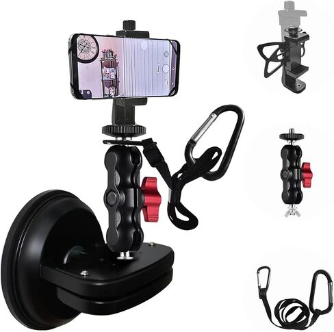 Heavy Duty Suction Cup Phone Holder Camera Mount 360° Ball head Magic Arm w. Strong 4.6" Base, 1/4"-20 Screw & Silicone Band for DSLR/Gopro Glass Mounting Kits for Car/Boat/Window, 2023 Upgraded in Saudi Arabia