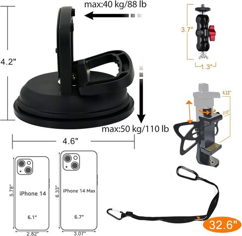 Heavy Duty Suction Cup Phone Holder Camera Mount 360° Ball head Magic Arm w. Strong 4.6" Base, 1/4"-20 Screw & Silicone Band for DSLR/Gopro Glass Mounting Kits for Car/Boat/Window, 2023 Upgraded in Saudi Arabia