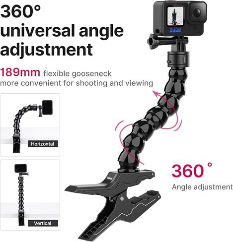 حامل كاميرا UURig سريع وآمن، أسود، رقبة معقوفة مرنة 189 مم، تعديل زاوية عالمي 360 درجة، متوافق مع كاميرات GoPro in Kuwait