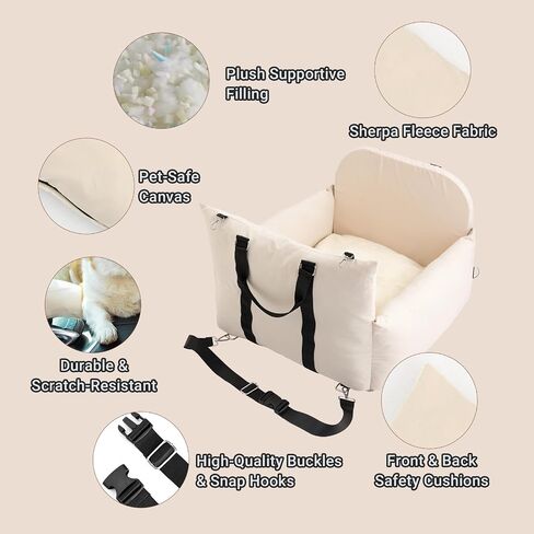 NAHANGPET Dog Car Seat for Small Dogs, Scratch Resistant Detachable and Washable Dog Carseats, Waterproof Dog Booster Seat with Clip-On Safety Leash, Portable Dog Travel Carrier Bed up to 25lbs(Beige) in Saudi Arabia