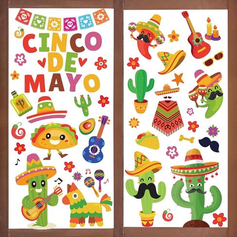 Whaline Mexican Fiesta Party Window Clings Cinco De Mayo Window Decals Reusable Cactus Guitar PVC Sticker for Carnival Home Office Window Glass Mirror Decoration Supplies, 9 Sheet in Saudi Arabia