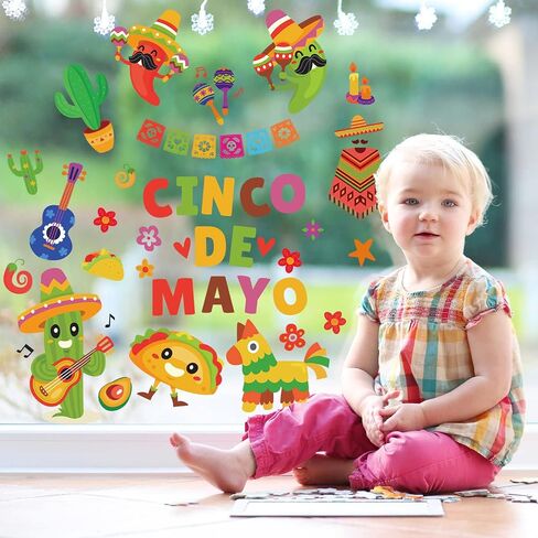 Whaline Mexican Fiesta Party Window Clings Cinco De Mayo Window Decals Reusable Cactus Guitar PVC Sticker for Carnival Home Office Window Glass Mirror Decoration Supplies, 9 Sheet in Saudi Arabia