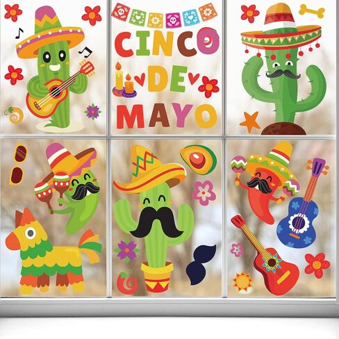 Whaline Mexican Fiesta Party Window Clings Cinco De Mayo Window Decals Reusable Cactus Guitar PVC Sticker for Carnival Home Office Window Glass Mirror Decoration Supplies, 9 Sheet in Saudi Arabia