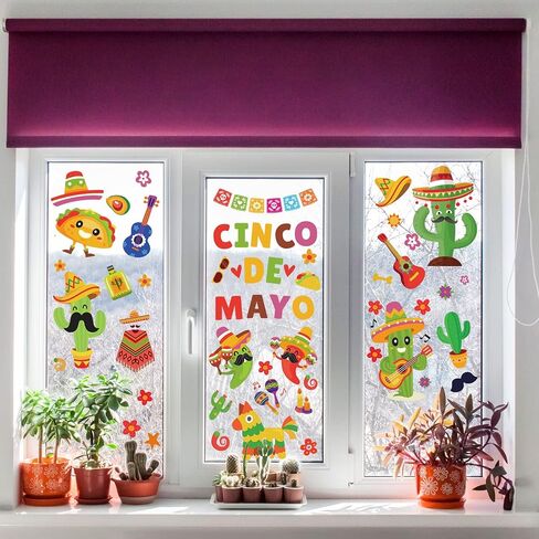 Whaline Mexican Fiesta Party Window Clings Cinco De Mayo Window Decals Reusable Cactus Guitar PVC Sticker for Carnival Home Office Window Glass Mirror Decoration Supplies, 9 Sheet in Saudi Arabia
