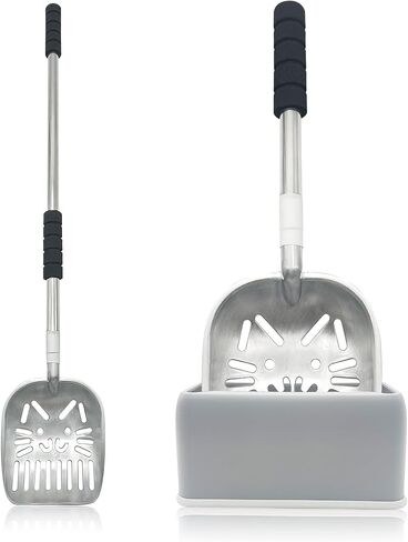 PINVNBY Cat Litter Scooper, Long Handle Litter Sifter Scoop with Litter Scoop Holder Stainless Steel Kitten Scooper Deep Kitty Litter Scooper with Box Metal Detachable Sifting Litter Shovel Set in Kuwait