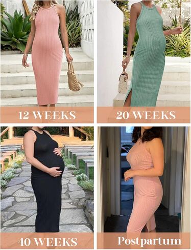 Ekouaer فستان حمل ضلع متماسكة شق جانبي قابل للتمدد Bodycon فساتين الحمل رسن الرقبة بلا أكمام ملابس الحوامل in Saudi Arabia