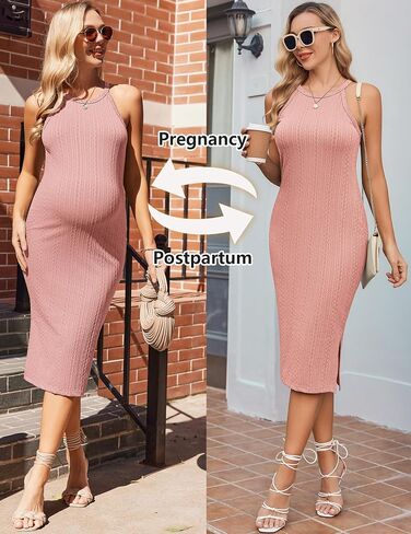 Ekouaer فستان حمل ضلع متماسكة شق جانبي قابل للتمدد Bodycon فساتين الحمل رسن الرقبة بلا أكمام ملابس الحوامل in Kuwait