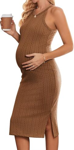 Ekouaer فستان حمل ضلع متماسكة شق جانبي قابل للتمدد Bodycon فساتين الحمل رسن الرقبة بلا أكمام ملابس الحوامل in Saudi Arabia