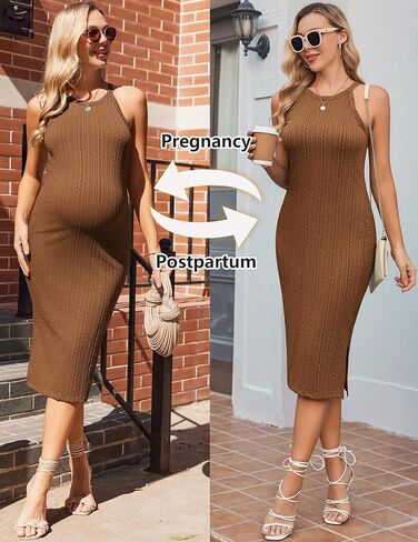 Ekouaer فستان حمل ضلع متماسكة شق جانبي قابل للتمدد Bodycon فساتين الحمل رسن الرقبة بلا أكمام ملابس الحوامل in Saudi Arabia