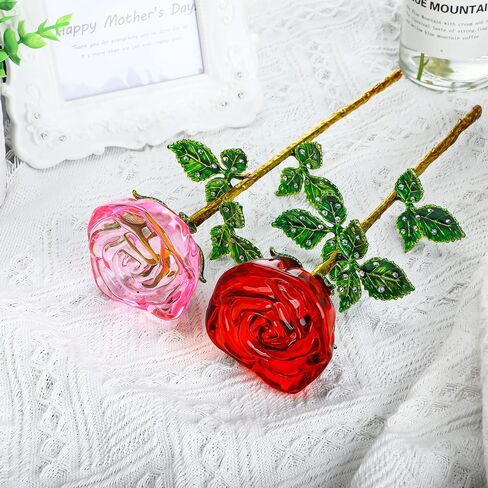 HDCRYSTALGIFTS كريستال روز زهرة زجاج وردي وزهرة حمراء وردية مع أوراق خضراء لذكرى الزفاف/الزوجة، هدايا رومانسية إلى الأبد لعيد الحب/عيد الميلاد/الزفاف (عبوة من 2) in Kuwait
