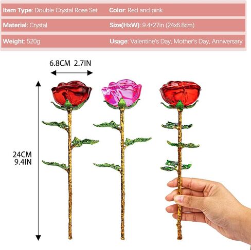 HDCRYSTALGIFTS كريستال روز زهرة زجاج وردي وزهرة حمراء وردية مع أوراق خضراء لذكرى الزفاف/الزوجة، هدايا رومانسية إلى الأبد لعيد الحب/عيد الميلاد/الزفاف (عبوة من 2) in Kuwait