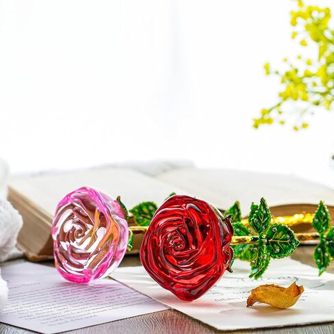HDCRYSTALGIFTS كريستال روز زهرة زجاج وردي وزهرة حمراء وردية مع أوراق خضراء لذكرى الزفاف/الزوجة، هدايا رومانسية إلى الأبد لعيد الحب/عيد الميلاد/الزفاف (عبوة من 2) in Kuwait