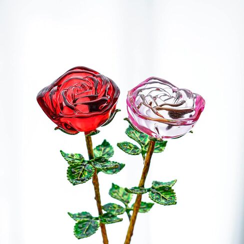 HDCRYSTALGIFTS كريستال روز زهرة زجاج وردي وزهرة حمراء وردية مع أوراق خضراء لذكرى الزفاف/الزوجة، هدايا رومانسية إلى الأبد لعيد الحب/عيد الميلاد/الزفاف (عبوة من 2) in Kuwait
