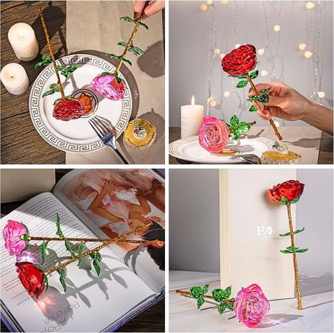 HDCRYSTALGIFTS كريستال روز زهرة زجاج وردي وزهرة حمراء وردية مع أوراق خضراء لذكرى الزفاف/الزوجة، هدايا رومانسية إلى الأبد لعيد الحب/عيد الميلاد/الزفاف (عبوة من 2) in Kuwait