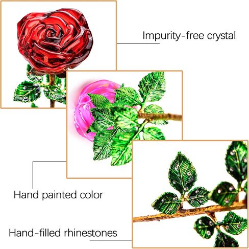 HDCRYSTALGIFTS كريستال روز زهرة زجاج وردي وزهرة حمراء وردية مع أوراق خضراء لذكرى الزفاف/الزوجة، هدايا رومانسية إلى الأبد لعيد الحب/عيد الميلاد/الزفاف (عبوة من 2) in Kuwait