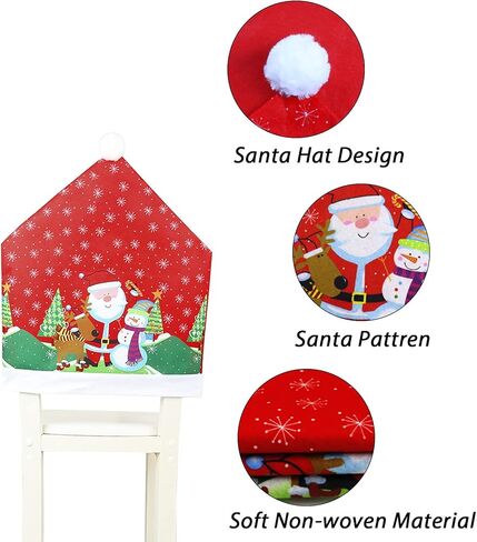 4PCS Christmas Chair Covers Santa Claus Snowman Dining Chair Slipcovers Snowflake Xmas Trees Deer Red Hat Seat Cover for Christmas Festive Dining Room Kitchen Xmas Holiday Decorations in Kuwait