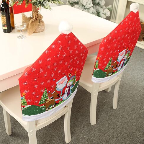 4PCS Christmas Chair Covers Santa Claus Snowman Dining Chair Slipcovers Snowflake Xmas Trees Deer Red Hat Seat Cover for Christmas Festive Dining Room Kitchen Xmas Holiday Decorations in Kuwait