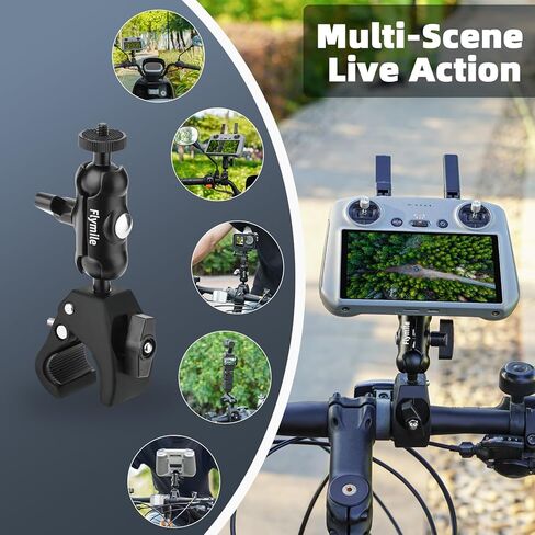 مشبك مقود الدراجة النارية من فلاي مايل لجهاز التحكم عن بعد دي جيه اي ار سي/ار سي 2، حامل حامل مزدوج براس كروي دوار 360 درجة، حامل مشبك عمود الدراجة لدي جيه اي ميني 4 برو/ميني 3 برو in Kuwait