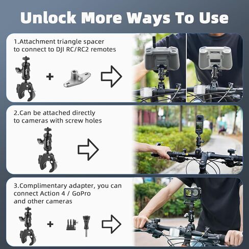 مشبك مقود الدراجة النارية من فلاي مايل لجهاز التحكم عن بعد دي جيه اي ار سي/ار سي 2، حامل حامل مزدوج براس كروي دوار 360 درجة، حامل مشبك عمود الدراجة لدي جيه اي ميني 4 برو/ميني 3 برو in Kuwait