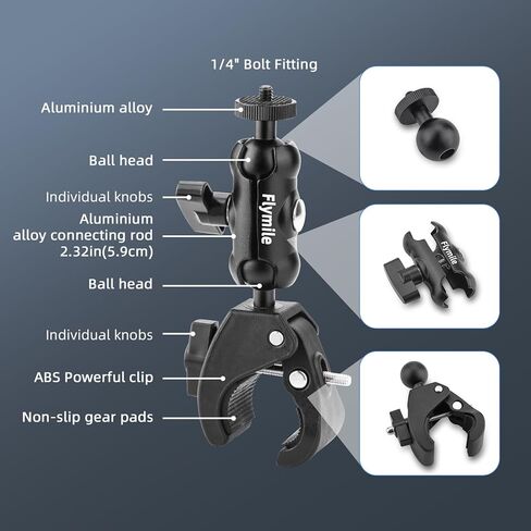مشبك مقود الدراجة النارية من فلاي مايل لجهاز التحكم عن بعد دي جيه اي ار سي/ار سي 2، حامل حامل مزدوج براس كروي دوار 360 درجة، حامل مشبك عمود الدراجة لدي جيه اي ميني 4 برو/ميني 3 برو in Kuwait