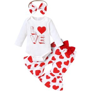 YOUNGER TREE 3Pcs Valentines Baby Girl Outfit Newborn Infant My First Valentines Day Romper Love Pattern Pant Clothes Sets
