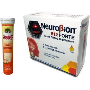 نيوروبيون بي 12 فورت مكملات غذائية سائلة 10 قوارير + فيتامين سي سن لايف 1000 مجم بنكهة البرتقال لدعم الجهاز المناعي 20 قرصًا in Kuwait
