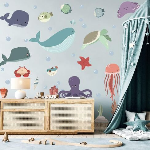 Large Ocean Wall Decals Peel and Stick Ocean Animals Wall Stickers Under The Sea Fish Decals Whale Octopus Turtle Jellyfish Stickers Murals for Kids Bedroom Playroom Baby Nursery Wall Art Decor in Saudi Arabia