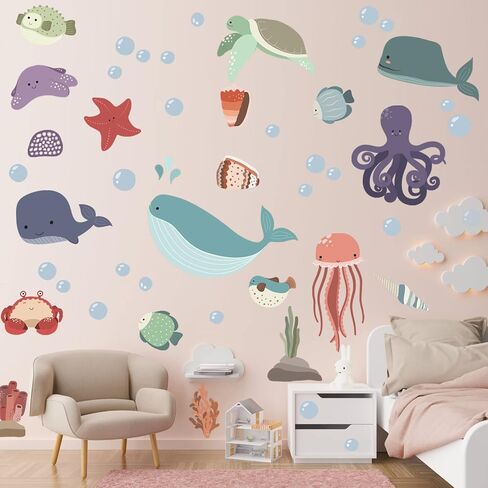 Large Ocean Wall Decals Peel and Stick Ocean Animals Wall Stickers Under The Sea Fish Decals Whale Octopus Turtle Jellyfish Stickers Murals for Kids Bedroom Playroom Baby Nursery Wall Art Decor in Saudi Arabia