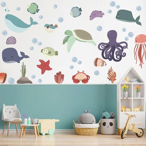 Large Ocean Wall Decals Peel and Stick Ocean Animals Wall Stickers Under The Sea Fish Decals Whale Octopus Turtle Jellyfish Stickers Murals for Kids Bedroom Playroom Baby Nursery Wall Art Decor in Saudi Arabia