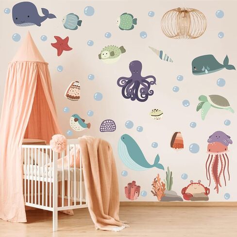 Large Ocean Wall Decals Peel and Stick Ocean Animals Wall Stickers Under The Sea Fish Decals Whale Octopus Turtle Jellyfish Stickers Murals for Kids Bedroom Playroom Baby Nursery Wall Art Decor in Saudi Arabia