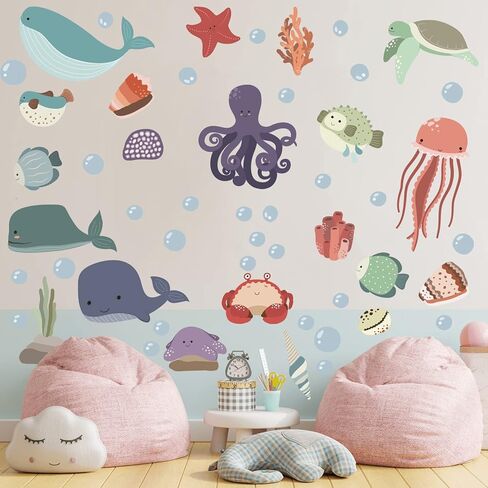 Large Ocean Wall Decals Peel and Stick Ocean Animals Wall Stickers Under The Sea Fish Decals Whale Octopus Turtle Jellyfish Stickers Murals for Kids Bedroom Playroom Baby Nursery Wall Art Decor in Saudi Arabia