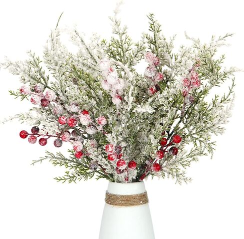 Artificial Frosted Pine Branches Snowy Red Berry Stems Set of 4 Faux Christmas Tree Picks Greenery Sprays White Winter Cedar Holly Berry Picks for Craft Arrangement Wreath Holiday Season Décor 17" (4) in Saudi Arabia