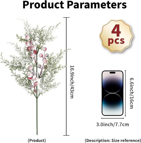 Artificial Frosted Pine Branches Snowy Red Berry Stems Set of 4 Faux Christmas Tree Picks Greenery Sprays White Winter Cedar Holly Berry Picks for Craft Arrangement Wreath Holiday Season Décor 17" (4) in Saudi Arabia