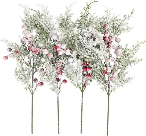 Artificial Frosted Pine Branches Snowy Red Berry Stems Set of 4 Faux Christmas Tree Picks Greenery Sprays White Winter Cedar Holly Berry Picks for Craft Arrangement Wreath Holiday Season Décor 17" (4) in Saudi Arabia