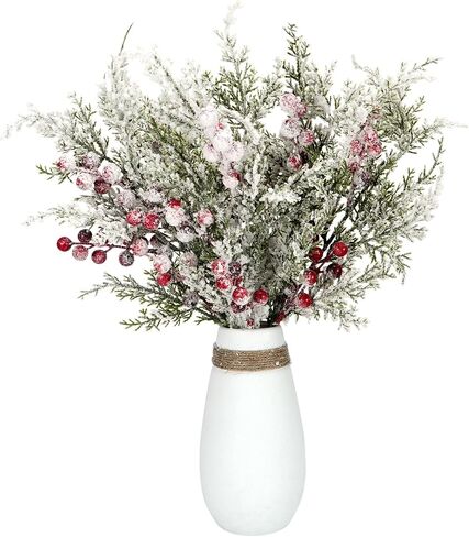 Artificial Frosted Pine Branches Snowy Red Berry Stems Set of 4 Faux Christmas Tree Picks Greenery Sprays White Winter Cedar Holly Berry Picks for Craft Arrangement Wreath Holiday Season Décor 17" (4) in Saudi Arabia