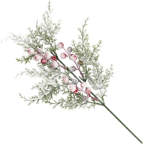 Artificial Frosted Pine Branches Snowy Red Berry Stems Set of 4 Faux Christmas Tree Picks Greenery Sprays White Winter Cedar Holly Berry Picks for Craft Arrangement Wreath Holiday Season Décor 17" (4) in Saudi Arabia