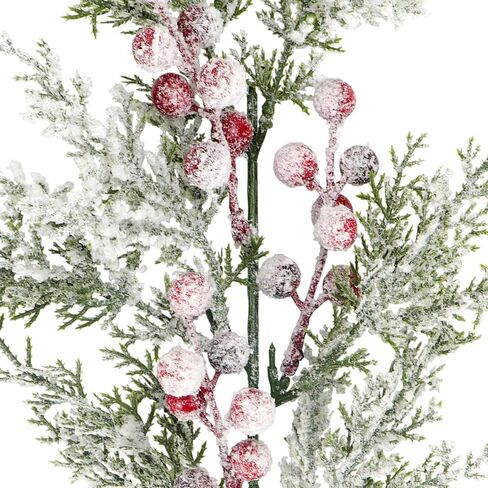 Artificial Frosted Pine Branches Snowy Red Berry Stems Set of 4 Faux Christmas Tree Picks Greenery Sprays White Winter Cedar Holly Berry Picks for Craft Arrangement Wreath Holiday Season Décor 17" (4) in Saudi Arabia