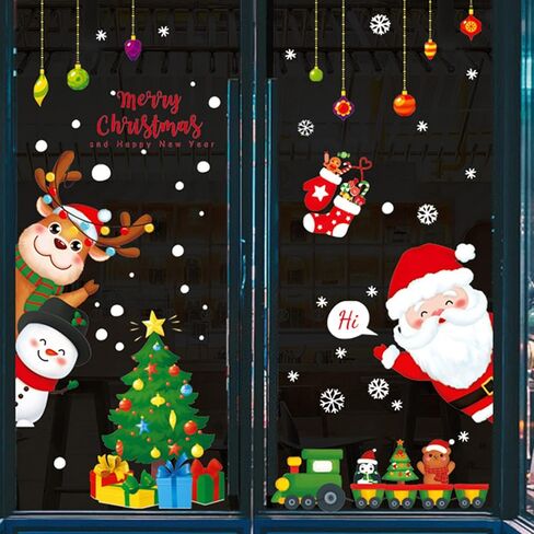 شارات نافذة عيد الميلاد لطيف سانتا كلوز مع رجل الثلج والغزلان ملصقات شجرة عيد الميلاد الزينة، زجاج النافذة قابل للتقشير والعصا فينيل قابل للإزالة لعطلة عيد الميلاد وديكور الحفلات (ب) in Kuwait