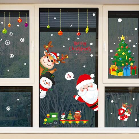 شارات نافذة عيد الميلاد لطيف سانتا كلوز مع رجل الثلج والغزلان ملصقات شجرة عيد الميلاد الزينة، زجاج النافذة قابل للتقشير والعصا فينيل قابل للإزالة لعطلة عيد الميلاد وديكور الحفلات (ب) in Kuwait