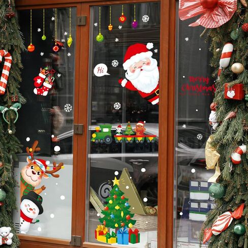 شارات نافذة عيد الميلاد لطيف سانتا كلوز مع رجل الثلج والغزلان ملصقات شجرة عيد الميلاد الزينة، زجاج النافذة قابل للتقشير والعصا فينيل قابل للإزالة لعطلة عيد الميلاد وديكور الحفلات (ب) in Kuwait