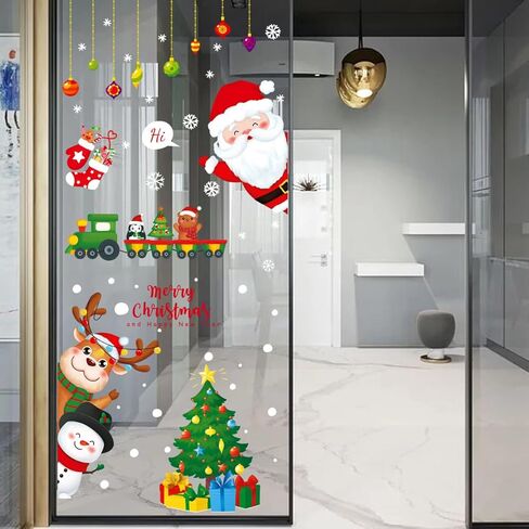 شارات نافذة عيد الميلاد لطيف سانتا كلوز مع رجل الثلج والغزلان ملصقات شجرة عيد الميلاد الزينة، زجاج النافذة قابل للتقشير والعصا فينيل قابل للإزالة لعطلة عيد الميلاد وديكور الحفلات (ب) in Kuwait