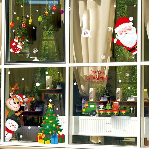شارات نافذة عيد الميلاد لطيف سانتا كلوز مع رجل الثلج والغزلان ملصقات شجرة عيد الميلاد الزينة، زجاج النافذة قابل للتقشير والعصا فينيل قابل للإزالة لعطلة عيد الميلاد وديكور الحفلات (ب) in Kuwait