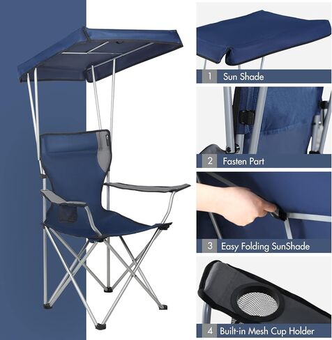 كرسي حديقة قابل للطي للحماية من الشمس مع مظلة وحامل أكواب للتخييم في الهواء الطلق والحديقة والفناء ونزهة الشاطئ، يدعم 300 رطل، أزرق/رمادي وكويك شيد ماكس كرسي الظل، أزرق in Kuwait