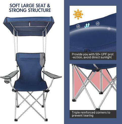 كرسي حديقة قابل للطي للحماية من الشمس مع مظلة وحامل أكواب للتخييم في الهواء الطلق والحديقة والفناء ونزهة الشاطئ، يدعم 300 رطل، أزرق/رمادي وكويك شيد ماكس كرسي الظل، أزرق in Kuwait