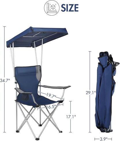 كرسي حديقة قابل للطي للحماية من الشمس مع مظلة وحامل أكواب للتخييم في الهواء الطلق والحديقة والفناء ونزهة الشاطئ، يدعم 300 رطل، أزرق/رمادي وكويك شيد ماكس كرسي الظل، أزرق in Kuwait